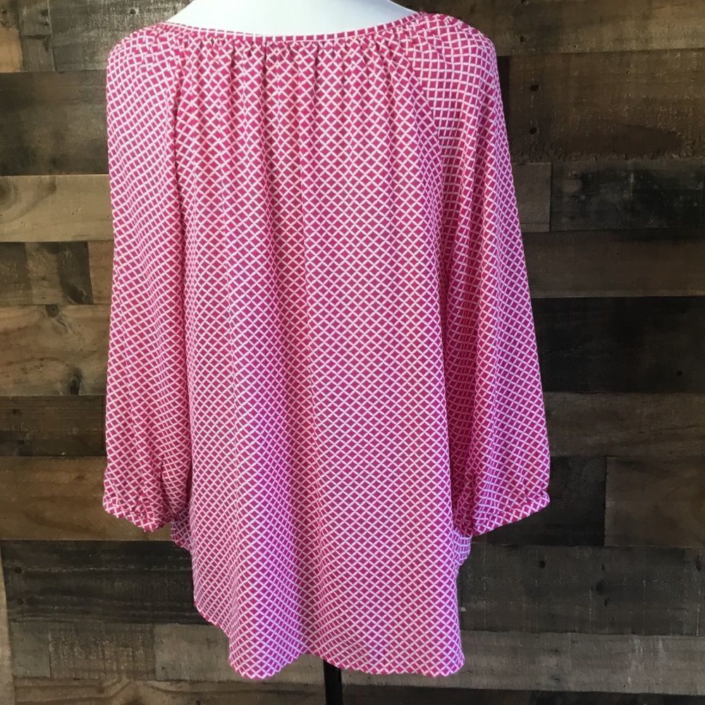 a.n.a. Blouse Tunic Pink White Print Tie Front 3/4 Length Sleeves Medium - Picture 4 of 11